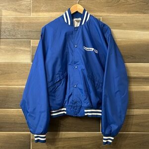 Vintage 70s 80s Windless Nylon Blue Varsity Sales Jacket Size Medium High Waist